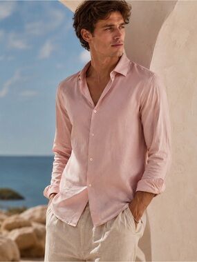Reiss Pink Lyocell Linen Slim Fit Button Down Shirt Men’s Large Resort
